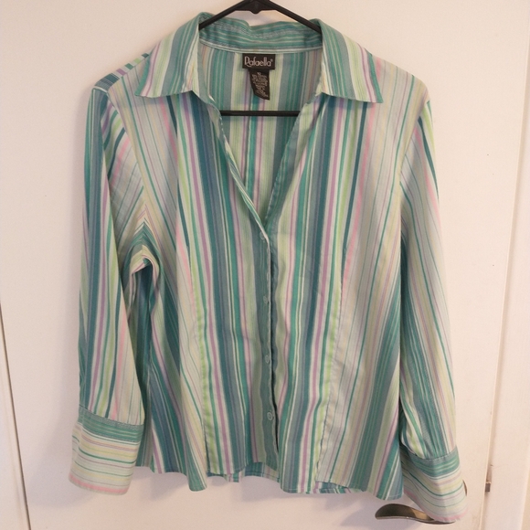 Rafaella Striped Button Up Spring Colors Long Sleeve Cuffed Green Purple Pink - Picture 1 of 6